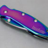 The amazing rainbow colors of the Kershaw 1600VIB Rainbow Chive are the result of applying a titanium-oxide coating to both blade and handle. It’s equipped with SpeedSafe assisted opening, 410 stainless steel handle, 420HC high-carbon steel blade, frame lock, and tip lock.