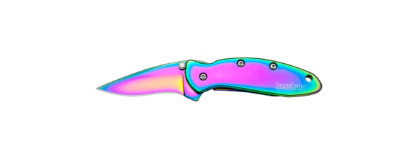 The amazing rainbow colors of the Kershaw 1600VIB Rainbow Chive are the result of applying a titanium-oxide coating to both blade and handle. It’s equipped with SpeedSafe assisted opening, 410 stainless steel handle, 420HC high-carbon steel blade, frame lock, and tip lock.