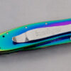 The Rainbow Leek’s amazing multi-colored finish comes from a process known as PVD or Physical Vapor Disposition. Metals are ionized with a high-current, low-voltage arc then placed in a vacuum chamber along with the products to be coated—in this case, the blade and handle of the Rainbow Leek. A negative voltage is introduced and a micro-thin layer of metal permanently coats the blade and handle. Ionizing different metals creates different coatings. In this case, the metal is titanium oxide and oxygen is also introduced into part of the process. The combination makes the brilliant rainbow colors you see on the Rainbow Leek (as well as the Rainbow Scallion and Rainbow Chive). Like all Leeks, the Rainbow Leek has a practical 3-inch blade, which makes it a good-sized knife, but not too big.