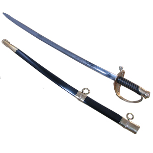 The SNS110A U.S. Foot Officer's Sword features an elaborately etched carbon steel blade, including the U.S. insignia. The leather grip is spiral wire bound and foliate designs are cast into the handguard. The steel scabbard has brass fittings.