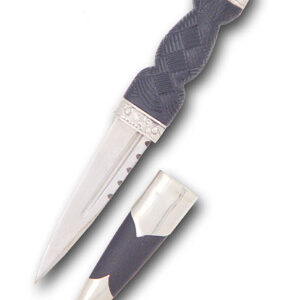 This Sgian Dubh features a high quality, file-worked carbon steel blade, a black leather-wrapped scabbard, and a traditional basket weave pattern on the handle.