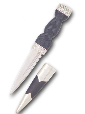 This Sgian Dubh features a high quality, file-worked carbon steel blade, a black leather-wrapped scabbard, and a traditional basket weave pattern on the handle.