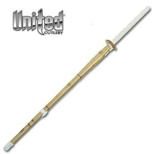 Kendo practice sword, 44" Overall, Bamboo wood construction with a white leather wrapped handle and PVC guard. The yellow and red cords hold the 4 parts of the shinai in place as it can be taken apart.